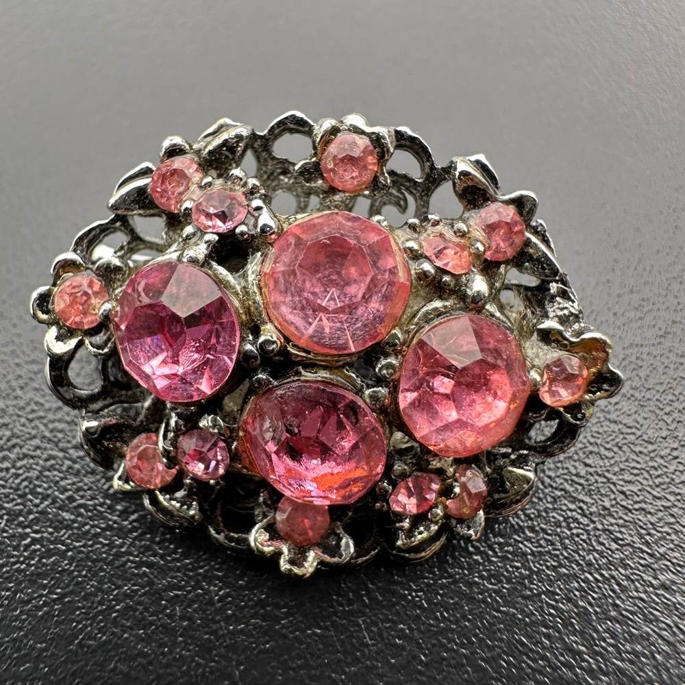 Vintage Pink Glass  Rhinestone Filigree Brooch
